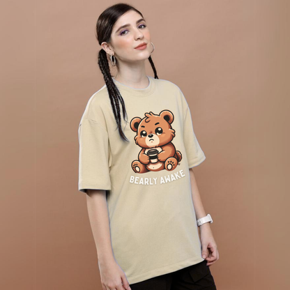 Bearly Awake| Beige T Shirt | Oversized | Unisex